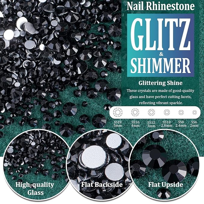 Multi Shapes Black 3D Glass Crystal Nail Art Rhinestones Kit with Flatback Round Bead Charm Gem Stone Jewelry Diamond with Pickup Pen + Tweezer for Manicure Makeup DIY Craft Decoration