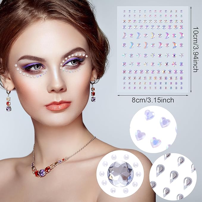 OIIKI 6 Sheets Face Gems - Heart Jewelry Eye Stickers, Acrylic Crystal Moon Face Eyes, Halloween Round Rhinestones Body Makeup Stickers, 6 Styles Jewels Tattoos for Women, Girls