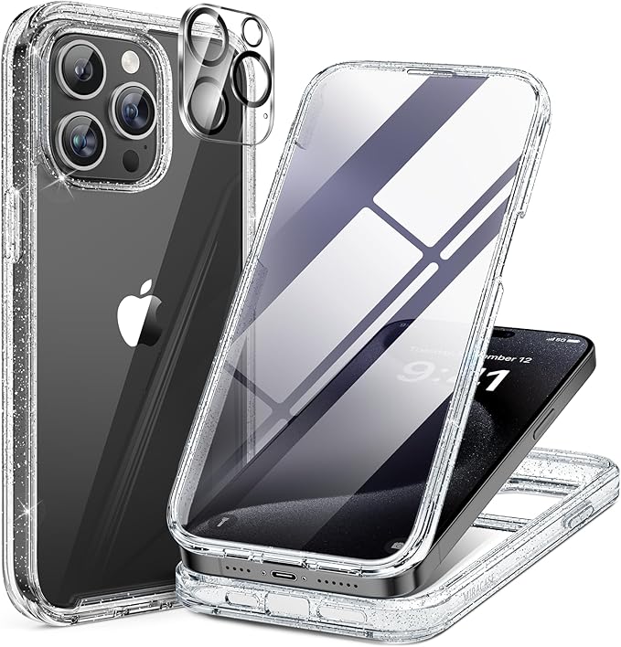 Miracase for iPhone 15 Pro Case Full-Body Built-in Glass Screen Protector& Camera Protector, Military Drop Proof 15 Pro Phone Cover 6.1 inch, Clear Glitter