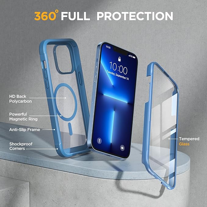 Miracase Magnetic Glass for iPhone 13 Pro Case,Compatible with MagSafe,Full-Body Protection Bumper with Shockproof Military-Grade,Built-in 9H Tempered Glass Screen Protector,Capri Blue