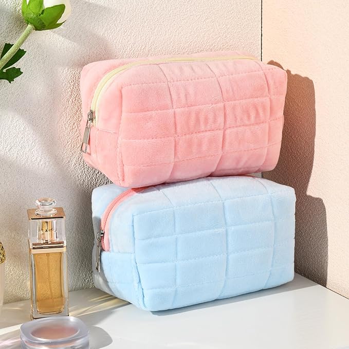 2 Pieces Makeup Bag Cute Cosmetic Bag Plush Pink Blue Checkered Makeup Pouch Coquette Travel Toiletry Bag Organizer Fluffy Makeup Brushes Puffy Storage Bag for Women