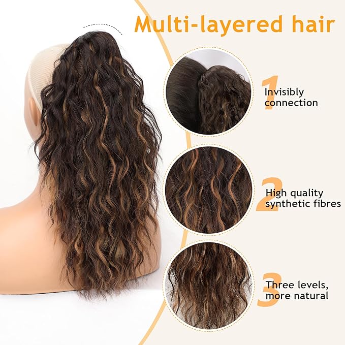 ORSUNCER Ponytail Extension Claw 18" Curly Pony Tail Clip in Hair Extensions Fluffy Natural Looking Synthetic Hairpiece for Women Brown with Blonde Highlights