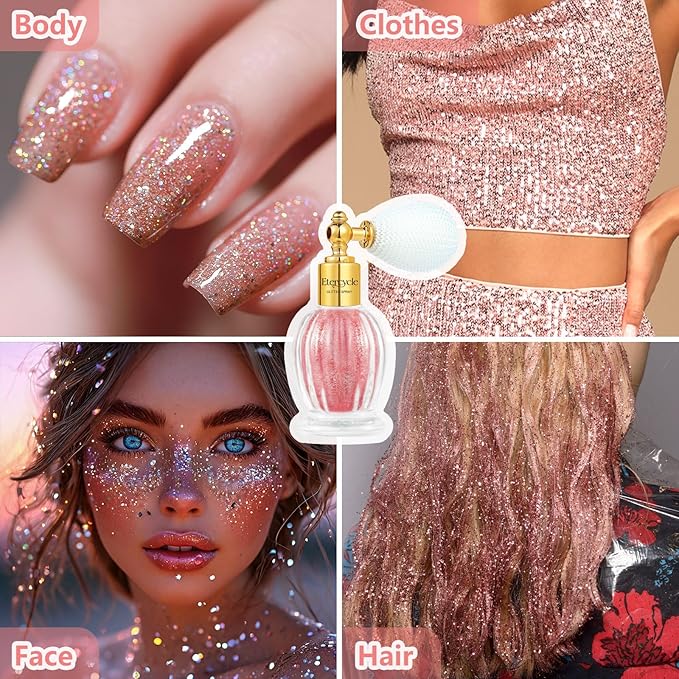 Etercycle Glitter Spray for Hair and Body, Pink Extra Fine Face Shimmer Powder, Shiny Fine Glitter Beautiful Face Makeup Glitter for Rave Accessories Easter Christmas Halloween Clothes
