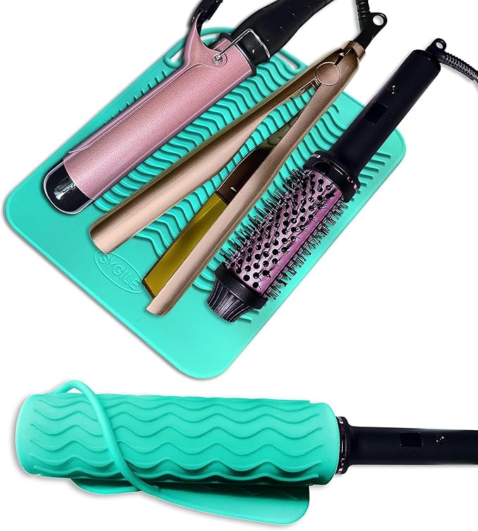 11" X 7.5" Large Size Heat Resistant Silicone Travel Mat, Anti-Heat Pad for Hair Straighteners, Hair Rollers, Curling Irons, Flat Irons and Other Hair Styling Tools - Mint Green (Turquoise)