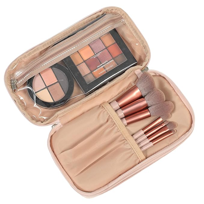 NISHEL Double Layer Travel Makeup Bag Women, Cosmetic Case, Portable Organizer To Hold Travel-Size Accessory Bottles, Brushes, And Skincare Products, Pink