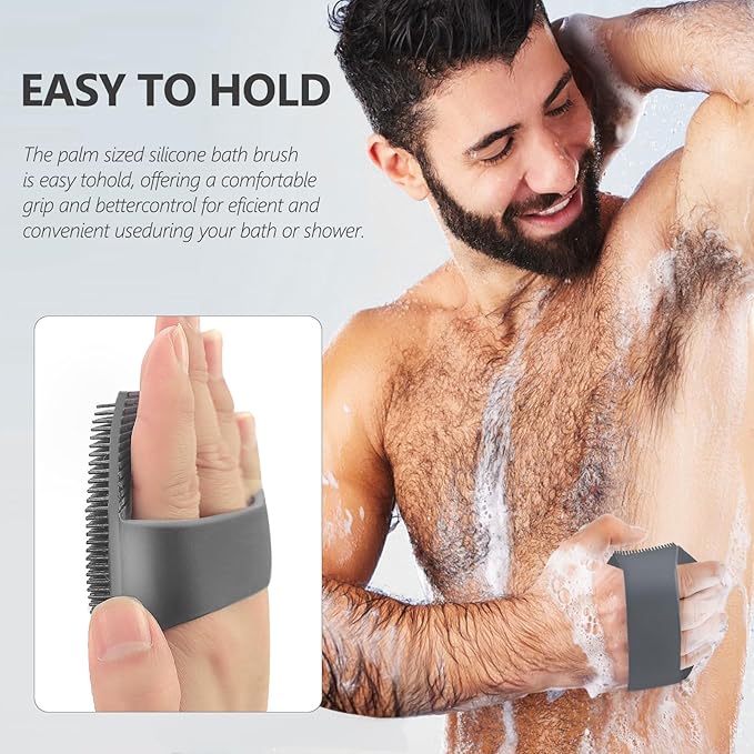 2 Pack Silicone Body Scrubber, Exfoliating Body Scrubber for Sensitive Skin, Silicone Loofah with Anti-Slippery Handle, Stays Clean Easily, Travel-Friendly for Men & Women (Gray + Purple)