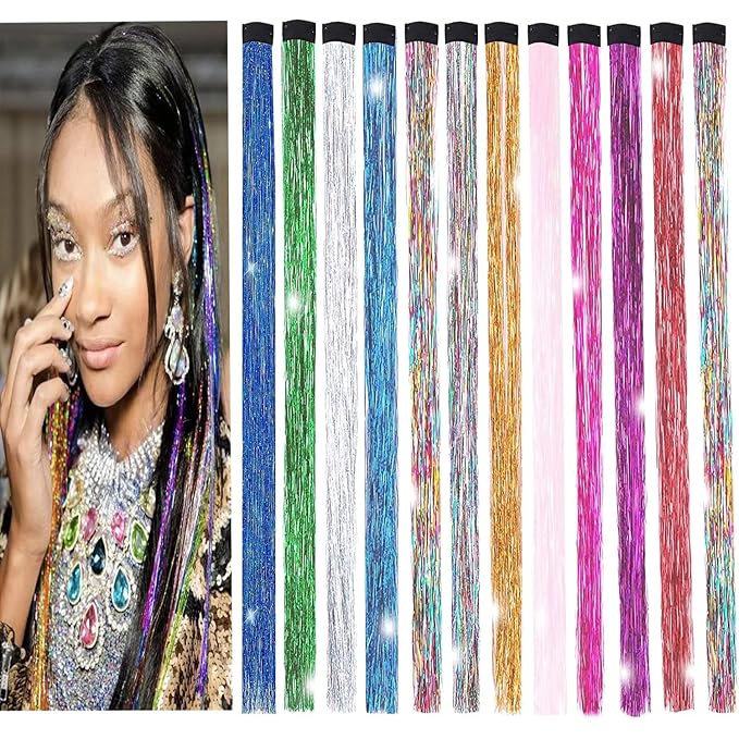 19 Inch Tinsel Hair Extensions 12 Colors Glitter Hair Extension Clip in Gold Sparkling Fairy Hair Tinsel Kit Shiny Highlights Colorful Heat Resistant Hair Accessories for Girls Xmas New Year Party