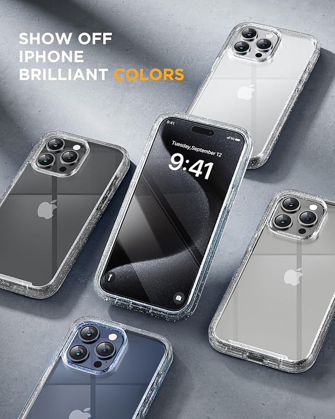 Miracase for iPhone 15 Pro Case Full-Body Built-in Glass Screen Protector& Camera Protector, Military Drop Proof 15 Pro Phone Cover 6.1 inch, Clear Glitter