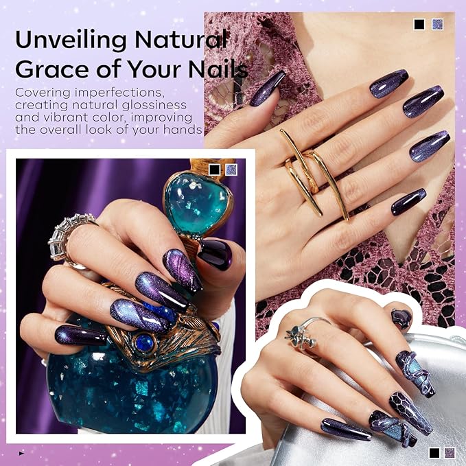 modelones Gel Nail Polish Set 2 PCS 15ML Black Purple Cat Eye Gel Nail Polish Holographic 9D Cat Eye Glitter Polish with Magnet Soak Off Led Nail Art DIY Salon Gift For Women Girl