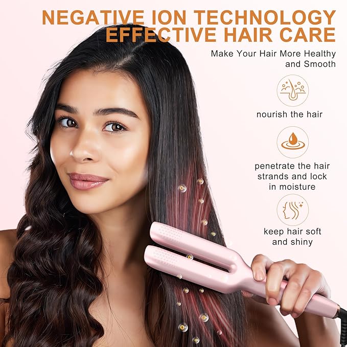 Nimmu Hair Straightener Brush, Hair Straightening Brush Flat Iron for Women with 5 Temps, Ceramic Straightener Comb Fast Heating for Home Salon, Double Heating Plate & Dual Voltage, Pink