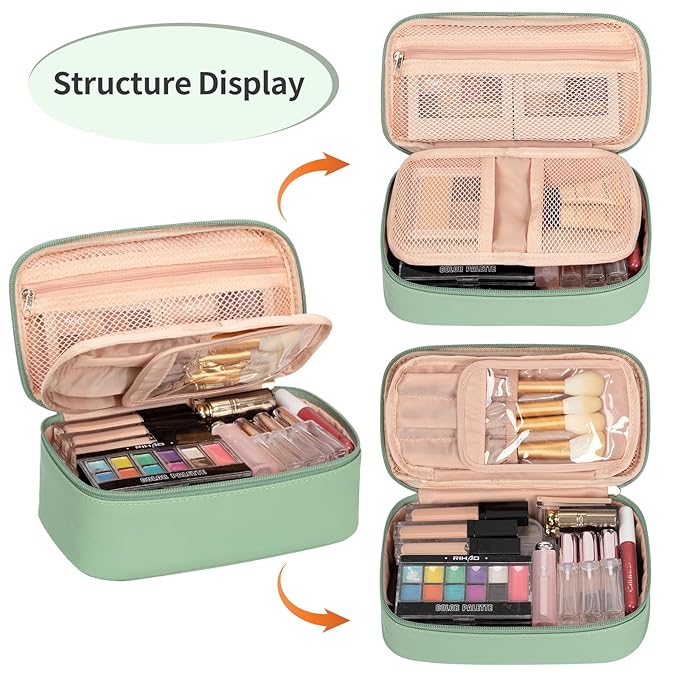 OCHEAL Small Makeup Bag,Portable Cute Travel Makeup Bag Pouch for Women Girls Makeup Brush Organizer Cosmetics Bags with Compartment-Light Green