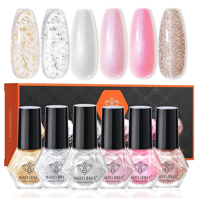 modelones Nail Polish, 6 Colors Summer Pink Gold Glitter Silvery Pearl Clear Quick Dry Mini Starter Set, Long Lasting Art DIY Manicure Kit at Home for Women Girls Wedding Gifts