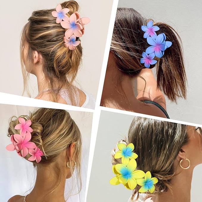 4PCS Plumeria Hair Clips for Thick Hair - Large Hawaiian Claw Clips with Strong Hold and Non-Slip Grip (Colorful)
