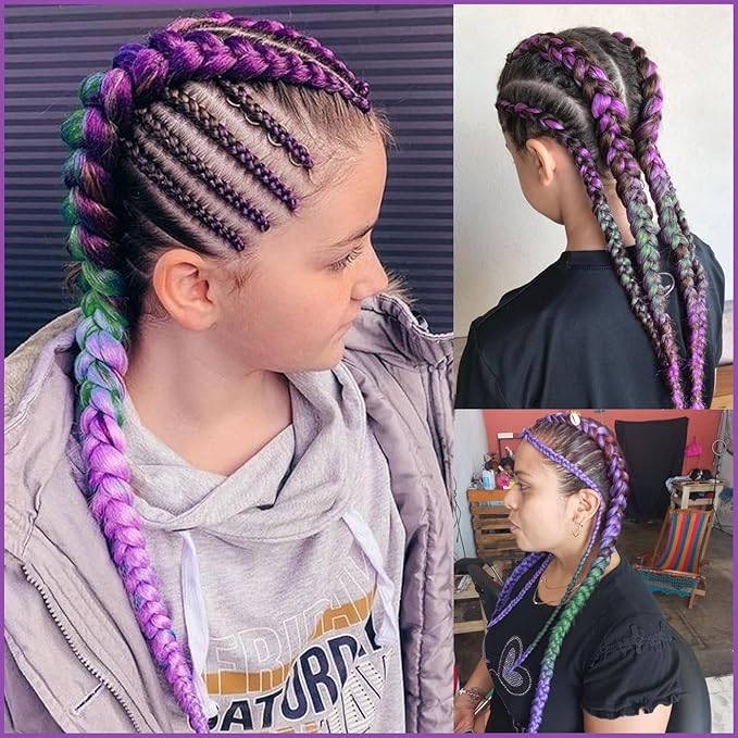 Ombre Purple-Green Pre Stretched Braiding Hair, 36 Inches Braid Hair Extensions, 8 packs Multi Color Blend Braiding Hair Pre-stretched, Crochet Hair Braiding