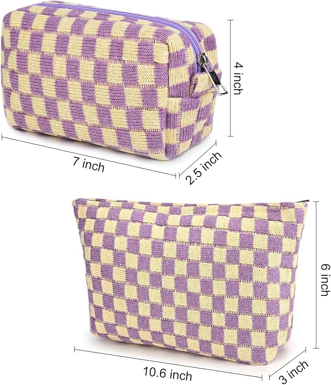 2 Pcs Checkered Makeup Bag Large Cosmetic Bag Toiletry Bag Makeup Pouch Travel Bag Organizer Cute Makeup Brushes Aesthetic Accessories Storage Bag for Women Purple
