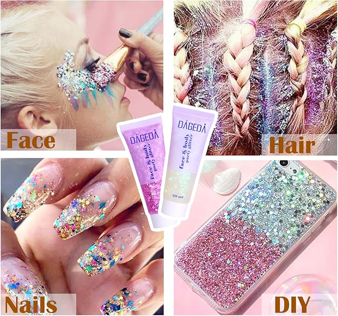 DAGEDA Body Glitter Gel, Face Glitters Body Gel Sequins Shimmer Liquid Eyeshadow, Chunky Glitter for Face Hair Nails, Holographic Cosmetic Laser Powder Festival Glitter Makeup 50ml(Fuchsia)