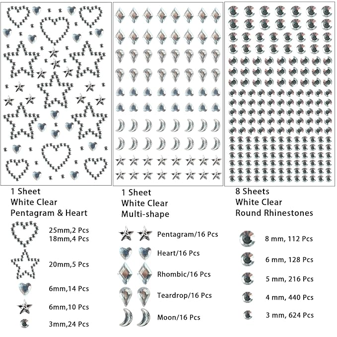 NIACONN 1760 Pcs White Clear Transparent Hair Jewels Face Gems Stick on, Self Adhesive Glitter Rhinestones Stickers for Women Body Eyes Nails Festival Halloween Makeup & Crafts