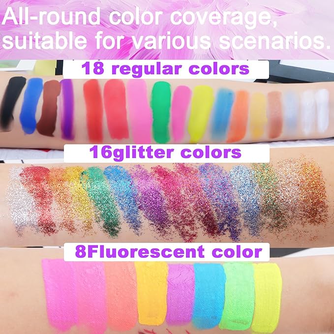 42 Color Face Painting Kit for Kids, Water Activated Face Paint Kit, Safe for Sensitive Skin Easy to Use, With Stencils & Brushes, Facepaint Makeup Kit for Parties, Birthdays, Halloween
