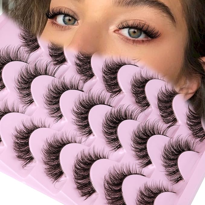 Newcally Lashes Mink False Eyelashes Natural Look Wispy Clear lash Band Fake Eyelashes Volume 3D Curly Strip Volume Cat Eye Lashes Pack 14 Pairs