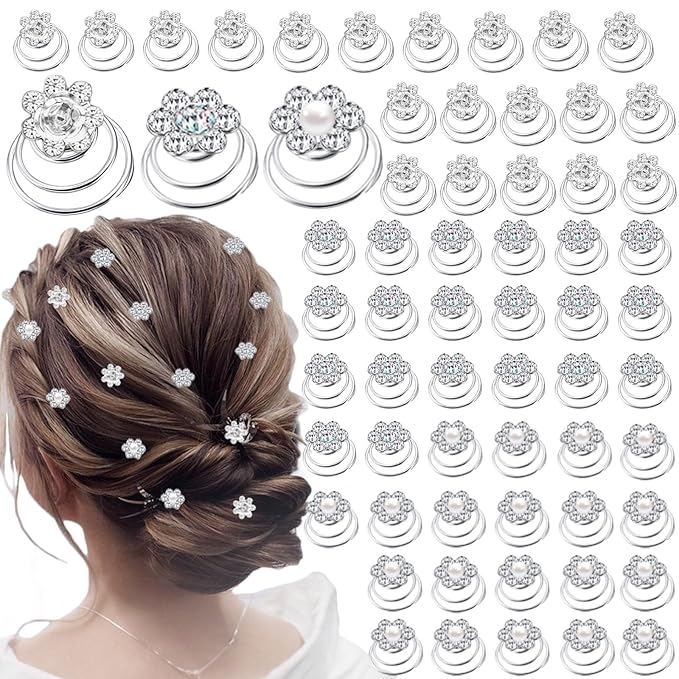 60 PCS 3 Shapes Gems Rhinestone Twister Hair Studs Set Diamond Spiral Pearl Flower Jewels Hair Pins Sticks for Wedding, Bridal, Prom, Party and Special Occasion(Flower Series)