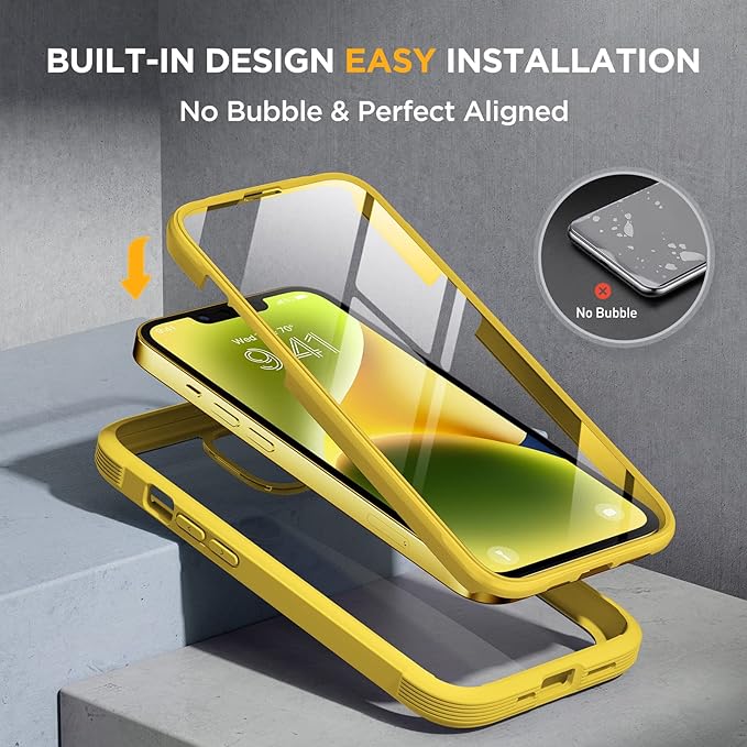 Miracase Glass Series Designed for iPhone 14 Case 6.1 inch, 2022 Upgrade Full-Body Clear Bumper Case with Built-in 9H Tempered Glass Screen Protector and Camera Lens Protector,Lemon