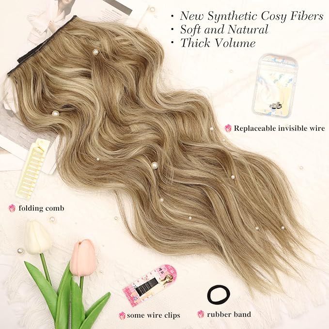 MORICA Invisible Wire Hair Extensions - 20 Inch Halo Hair Extensions Mixed Blonde Long Wavy Synthetic Hairpiece with Transparent Wire Adjustable Size, 4 Secure Clips for Women