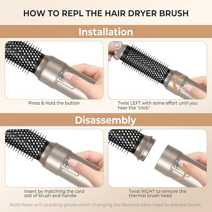 Blow Dryer Brush, 6 in 1 Auto Air Curling Iron Set 3 Temperature 1000W Powerful Negative Ionic Hair Dryer Brush Set with Thermal Brush, 60000RPM Hot Air Brush, Left&Right Curler Wand (Champagne Gold)