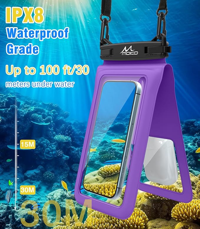 MoKo Double Case Waterproof Phone Pouch, 2Pack Waterproof Phone Case Dry Bag with Adjustable Lanyard Compatible with iPhone 15 14 Pro Max Galaxy S23 Ultra/Note 20 Ultra Up to 7 Inches, Black+Purple