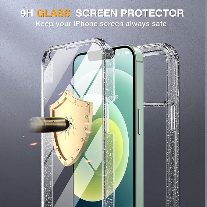 Miracase Glass Series for iPhone 12/12 Pro - Full-Body Rugged Protective Case with Built-in 9H Tempered Glass Screen Protector and Camera Lens Protector - Glitter Clear