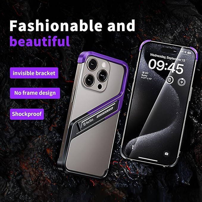 Lightweight Aluminum Alloy Shockproof Frame Case for iPhone 15 Pro Max Metal Bumper Cover with Hidden Stand (Purple)