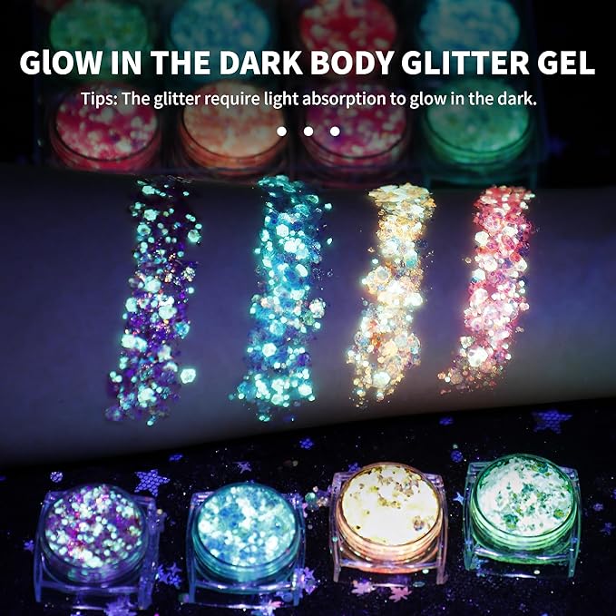 LATIBELL Glow in The Dark Body Face Glitter Gel for Women, 12 Colors Makeup Chunky Fine Glitter, UV Black Light Body/Face/Hair/Eyeshadow, Carnival Party(Not Loose Glitter)