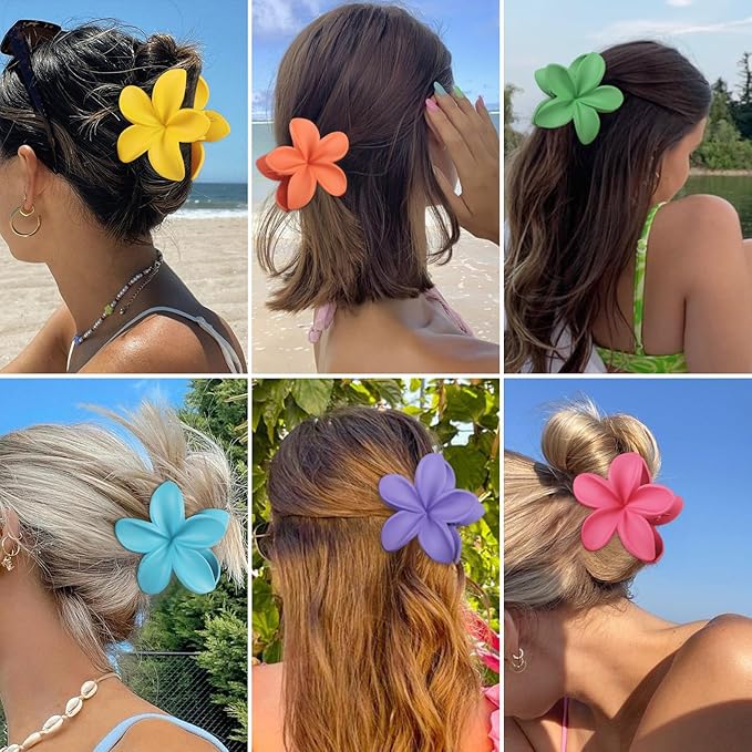 Hawaiian Plumeria Hair Accessories - 6 Pack Large Claw Clips for Thick and Thin Hair, Beach Tropical Hair Clips for Women and Girls -Dopamine