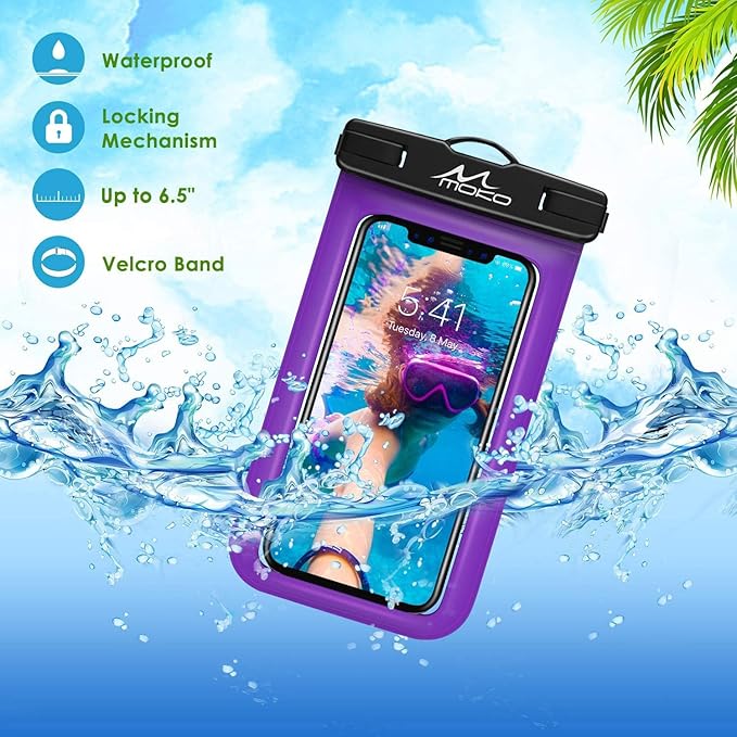 MoKo Waterproof Phone Pouch Holder, Underwater Cellphone Case Dry Bag with Lanyard Armband Compatible with iPhone 16 15 14 13 12 11 Pro Max X/Xr/Xs Max/SE 3, Samsung S24/S23/S21/S20/S10/S9, Purple
