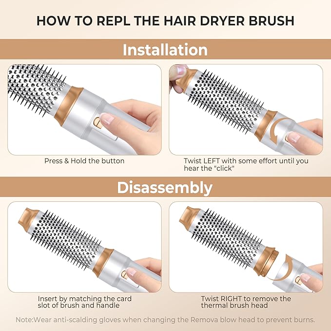 6 in ONE Blow Dryer Brush,Air Curling Iron Round Brush for Blow Out 1000W,Ionic Hair Dryer Brush for Women, Blowout Brush Air Styler Curler (Golden White)