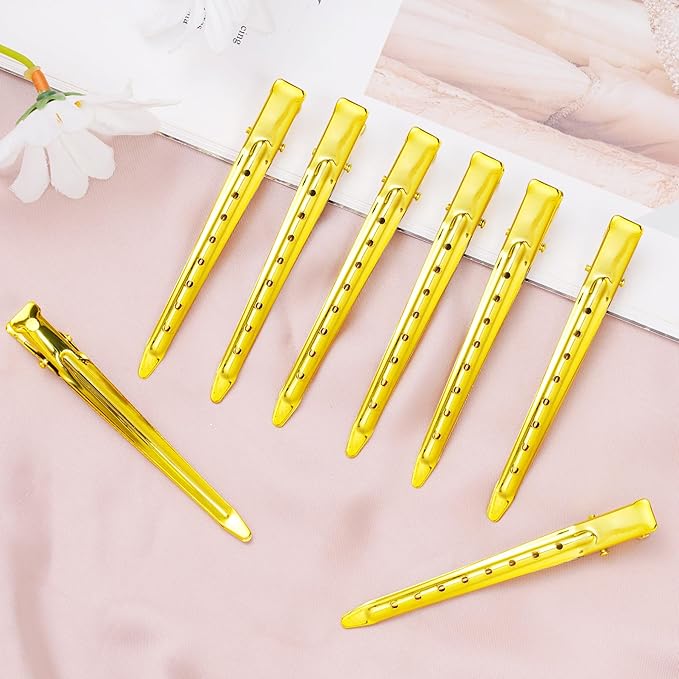 24 Packs Duck Bill Clips, Bantoye 3.35 Inches Rustproof Metal Alligator Curl Clips with Holes for Hair Styling, Hair Coloring, Bright Yellow