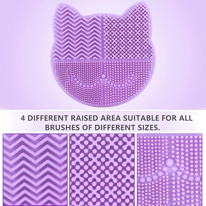 Silicon Makeup Brush Cleaner Mat with Portable Cat Shaped Cosmetic Brush Cleaner Pad - Lavender