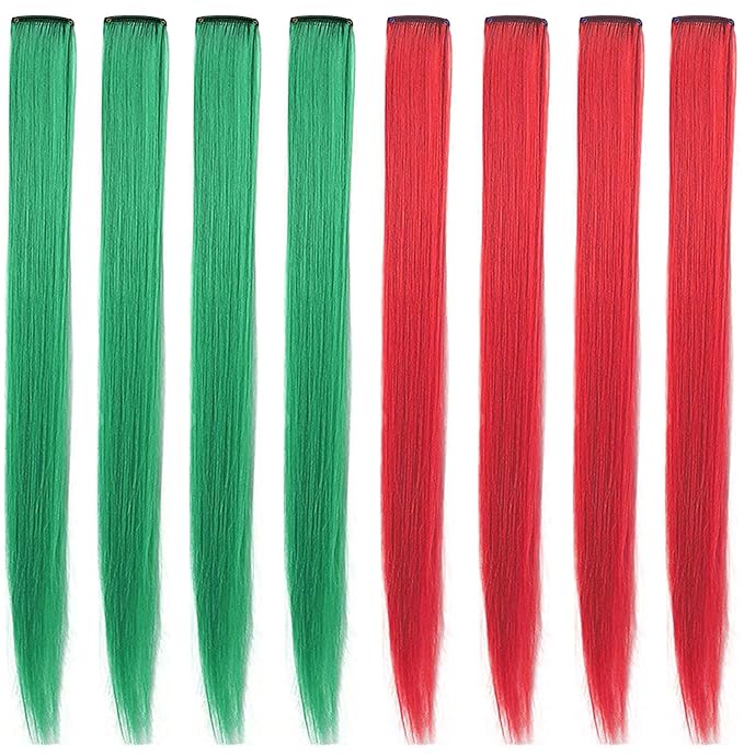20 Inch Colored Hair Extensions Colored Hair Wig for Girls Straight Fashion Hairpieces Party Highlights 8 PCS (Red Green)