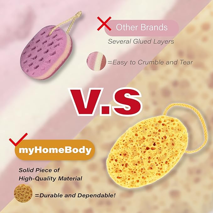 myHomeBody Bath Sponge, Foam Loofah, Body Scrubber for Bathing, Exfoliating Shower Pouf for Shower – Large Size, Lots of Lather, Oval, 2 Pack