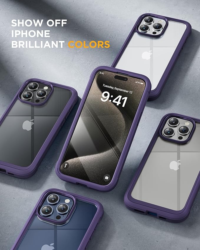 Miracase Glass Series for iPhone 15 Pro Max Case 6.7 Inch, Full-Body Drop Proof Phone Case for iPhone 15 Pro Max with Built-in 9H Tempered Glass Screen Protector + Camera Protector, Purple