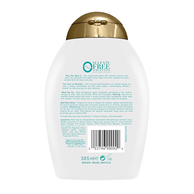 OGX Quenching + Coconut Curl-Defining Conditioner, Nourishing Curly Hair with Coconut/Citrus Oil & Honey, Paraben and Sulfate-Free Surfactants, 13oz (Pack of 2)