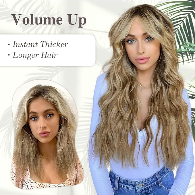MORICA Invisible Wire Hair Extensions - 20 Inch Halo Hair Extensions Mixed Blonde Long Wavy Synthetic Hairpiece with Transparent Wire Adjustable Size, 4 Secure Clips for Women