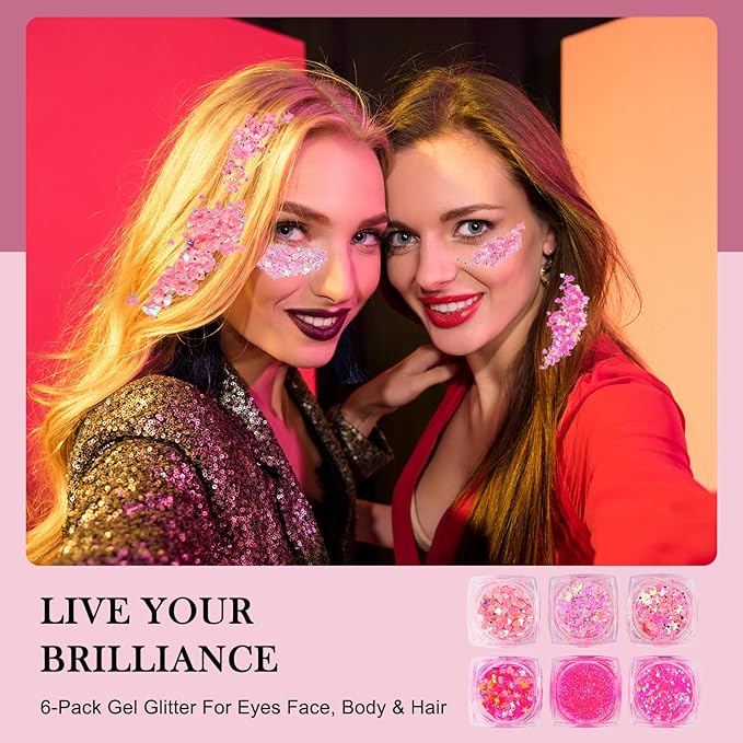 Glitter Body Face Hair Makeup Festival Gel, 6 Shapes Clear Pink Rave Glitter Face Pain Glitter Eyeshadow for Kids Women Girls Singer Concerts Festival Rave Accessories