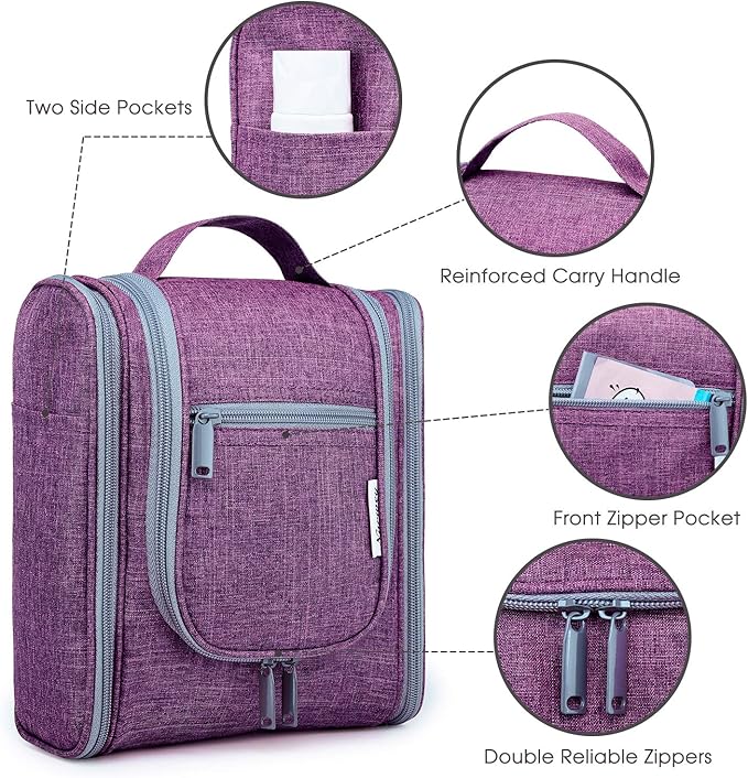 Narwey Small Hanging Toiletry Bag Women Travel Makeup Bag Organizer Toiletries Bag for Travel Size Essentials Accessories Cosmetics (Medium, Dark Purple)