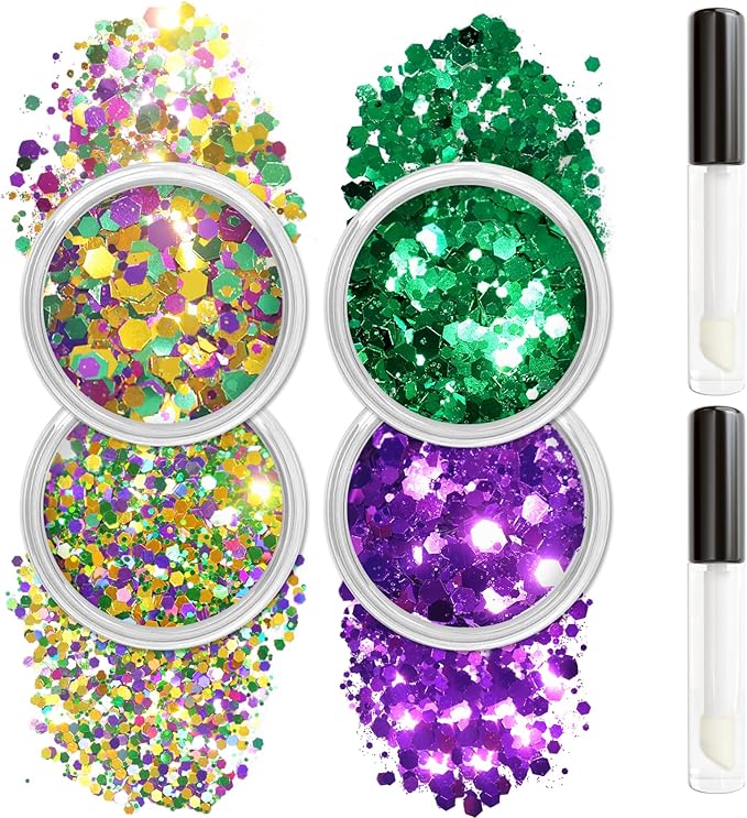 Allstarry Mardi Gras Face Glitter, 4 Colors Chunky Body Glitters Purple Green Gold Face Glitter Eyeshadow Makeup Hair and Eye Glitter Mardi Gras Accessories for Women Mask Balls Street Parties