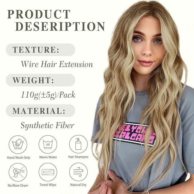 MORICA Invisible Wire Hair Extensions - 20 Inch Halo Hair Extensions Mixed Blonde Long Wavy Synthetic Hairpiece with Transparent Wire Adjustable Size, 4 Secure Clips for Women