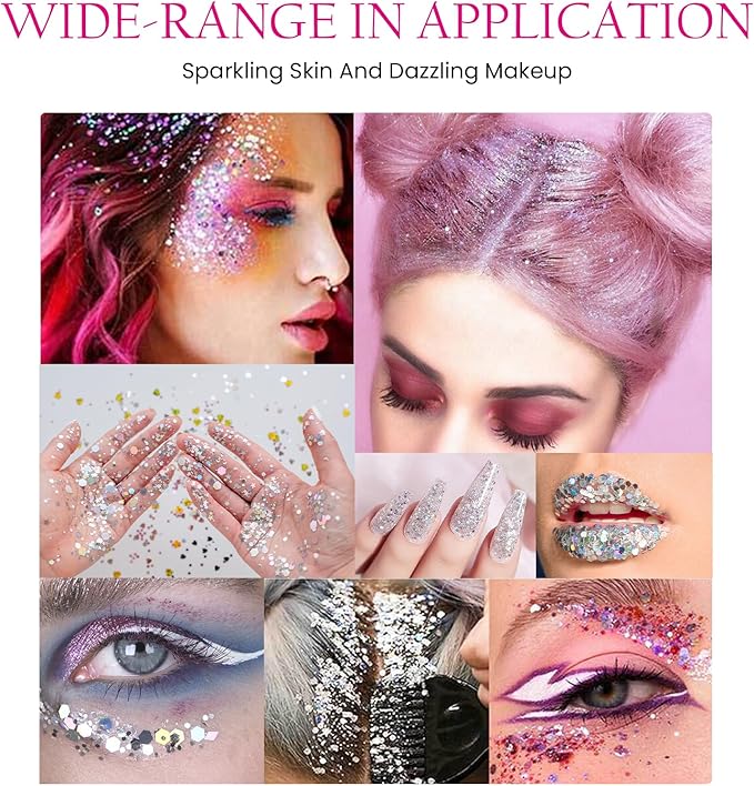 DAGEDA Pink Body Glitter, 100ml Chunky Glitter Rave Accessories for Festival, Face Glitter for Mermaid Makeup, Holographic Hair Glitter for Rave Party Large Capacity Glitter with Tools