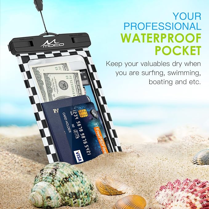 MoKo Waterproof Phone Pouch Holder, Cellphone Case Dry Bag with Lanyard Armband Compatible with iPhone 16 15 14 13 12 11 Pro Max, Samsung S24/S23/S21/S20/S10, Checkerboard