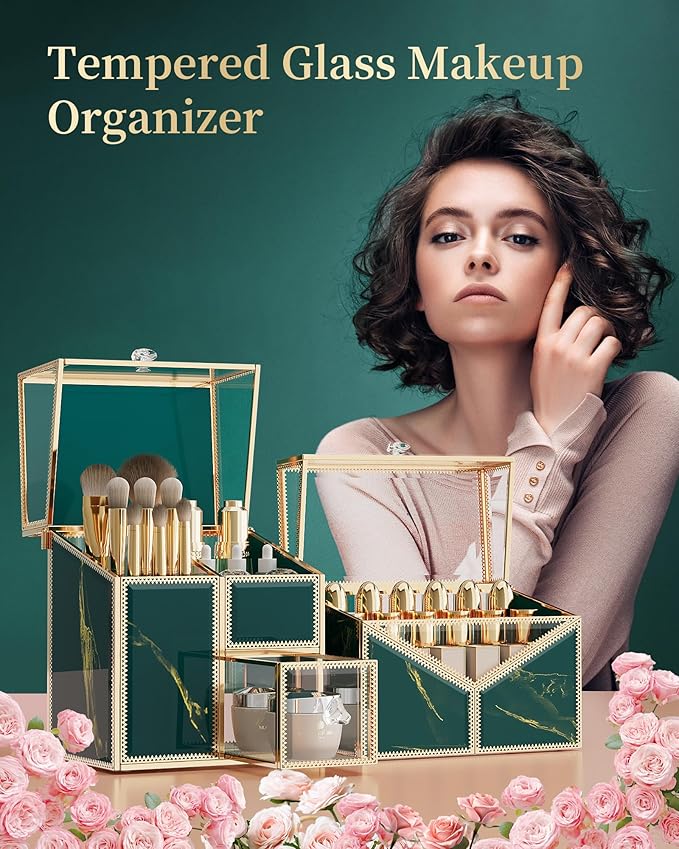 Makeup Organizer Countertop Set – Vanity Holder with 18-Slot Lipstick Organizer & Covered Makeup Brush Holder – Skincare, Perfume & Cosmetic Display for Bathroom or Dresser