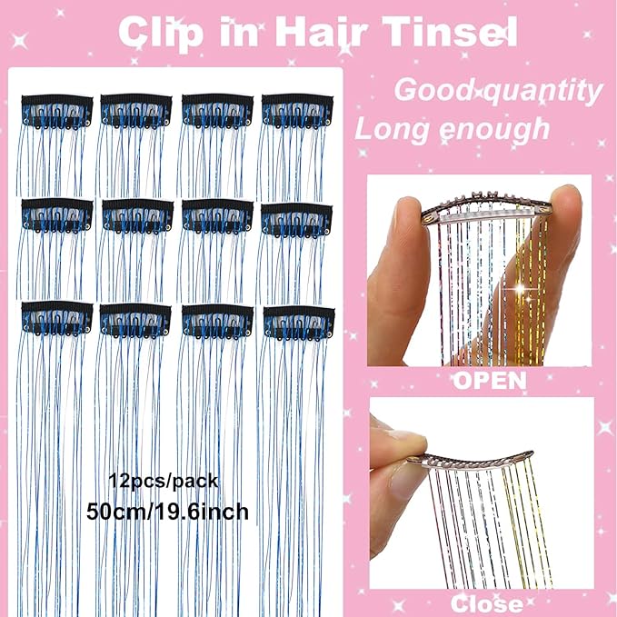 12Pcs Hair Tinsel Kit Clip in 19.6Inch Glitter Tinsel Hair Extensions Shiny Sparkly Fairy Hair Accessories for Women Girls Kids (Sapphire Blue)