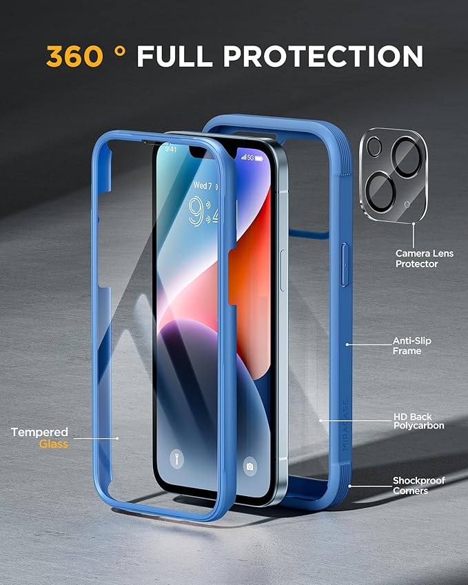 Miracase Glass Series Designed for iPhone 14 Case 6.1 inch, 2023 Upgrade Full-Body Clear Bumper Phone Case with Built-in 9H Tempered Glass Screen Protector and Camera Lens Protector,Blue
